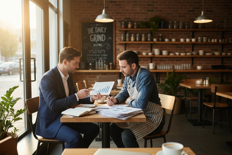 Faca uma imagem de um consultor em uma visita presencial com o proprietario em um estabelecimento pequeno
